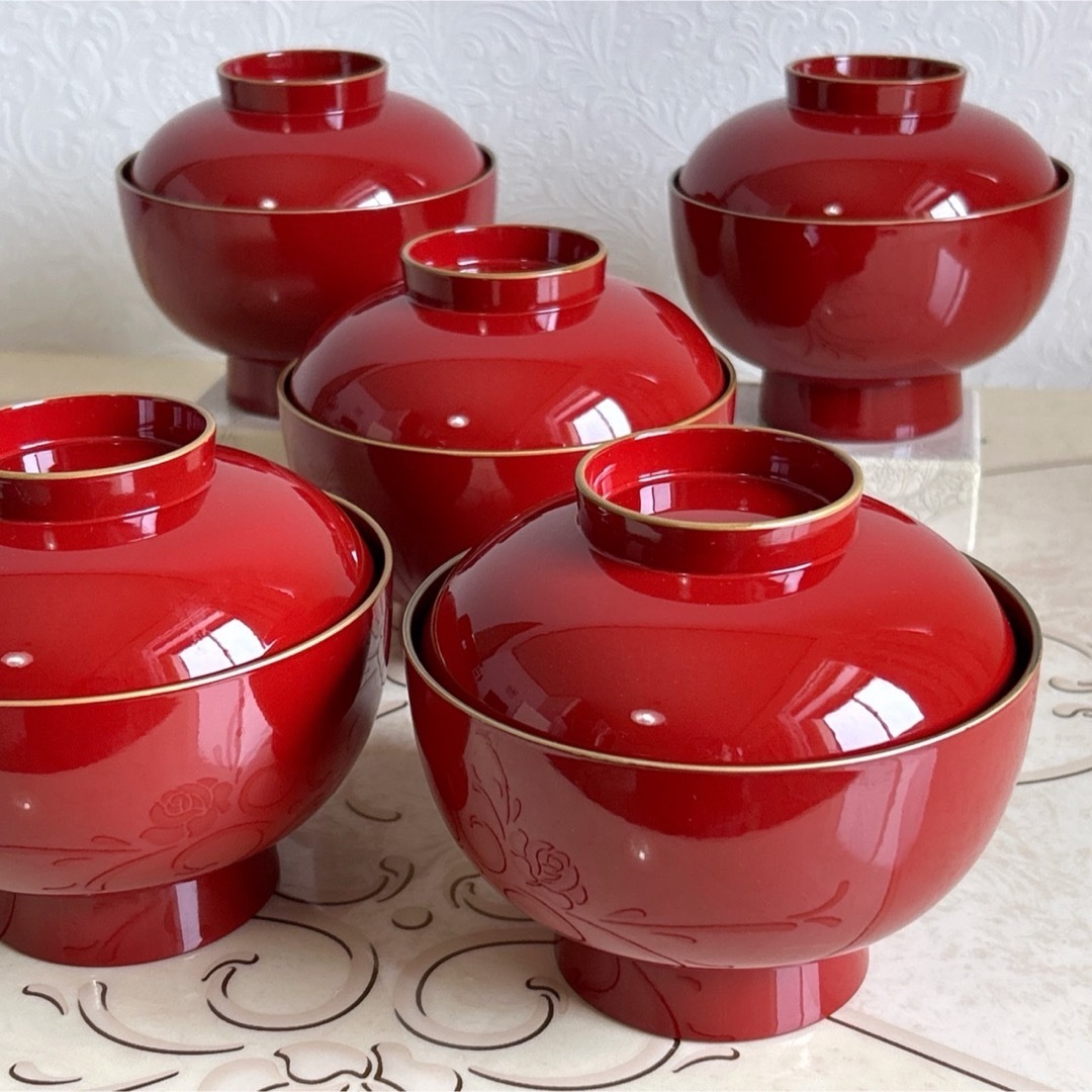 山中漆器 大名雑煮椀 蓋付き吸物椀揃 5客セット 丼ぶり 朱塗 汁 山中漆器 大名雑煮椀 蓋付き吸物椀揃 5客セット 丼ぶり 朱塗 汁
