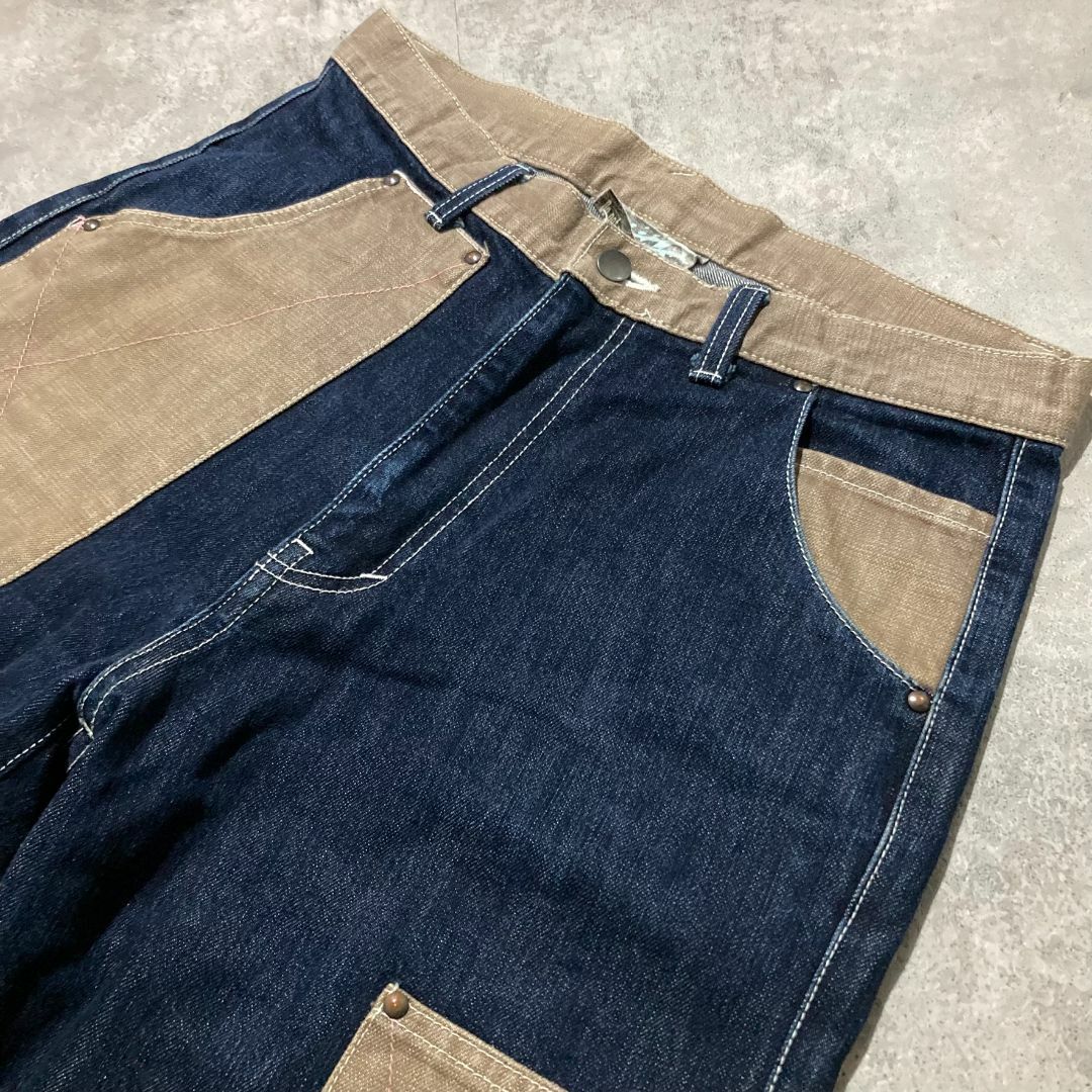 切り替えデザイン ワイドテーパードデニムパンツ Lサイズ ブルー 日本製