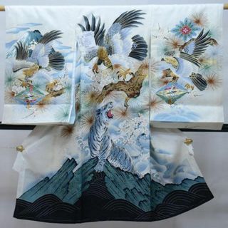 お宮参り 産着 男児 正絹 のしめ 綸子 金刺繍 鷹 虎 白地 NO33636(お宮参り用品)