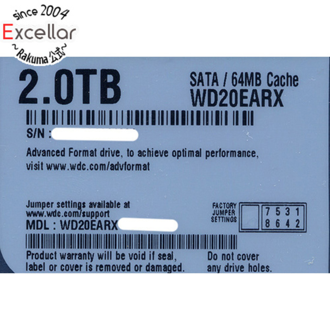 Western Digital(ウエスタンデジタル)のWestern Digital製HDD WD20EARX 2TB SATA600 2000~3000時間以内 スマホ/家電/カメラのPC/タブレット(PC周辺機器)の商品写真