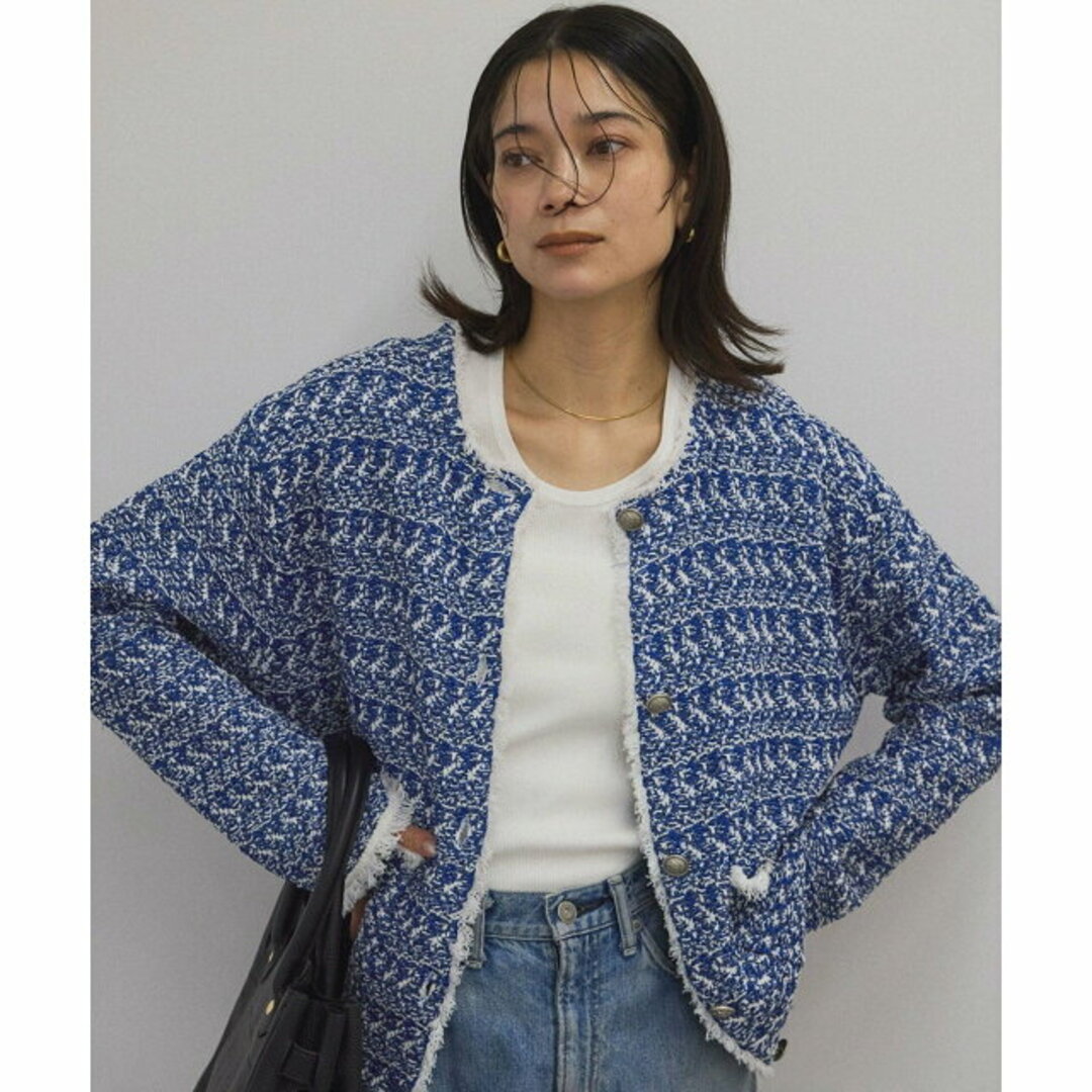 SALON adam et rope'(サロンアダムエロぺ)の【ブルー系(45)】【WEB限定】ツイードフリンジニットジャケット レディースのトップス(カーディガン)の商品写真