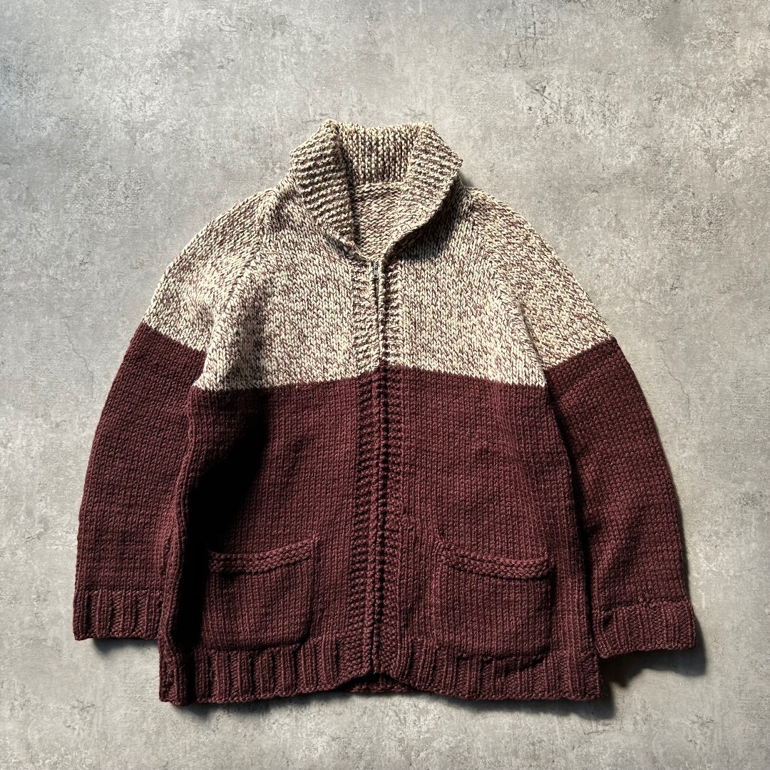 VINTAGE - -60s カウチンニット ショールカラー ブラウン×ベージュ ハンドニット