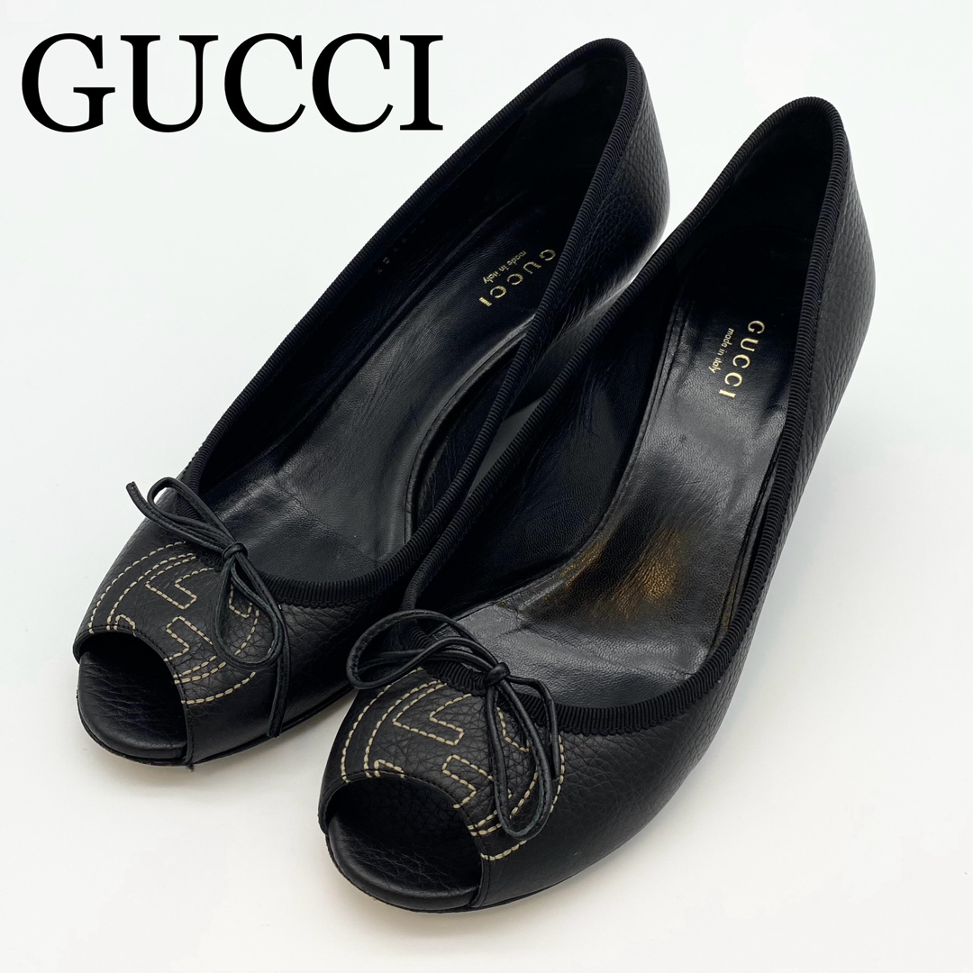 GUCCI パンプス インターロッキング オープントゥ リボン 黒 レザー GUCCI パンプス インターロッキング オープントゥ リボン 黒 レザー