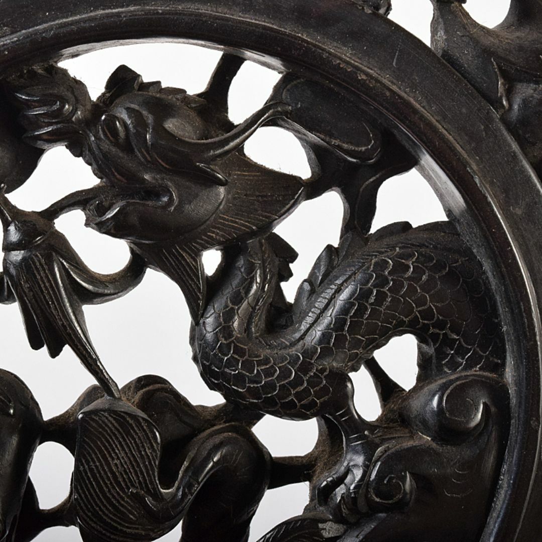 【一部予約販売中】 玉石黒石彫刻 中国 鳳凰文透かし彫 R8364 C 時代箱付 置物 床飾 硯屏 彫刻・オブジェ