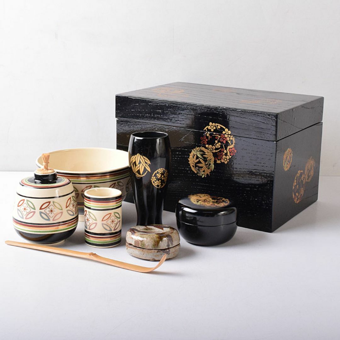 茶道具　金蒔絵　茶箱　京焼　加藤昌山造　茶碗　棗など　八点一式　M　R8398