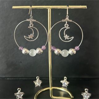 ピアス　空×天然石　S１　crescent moon　ムーンストーン　月　星 (ピアス)