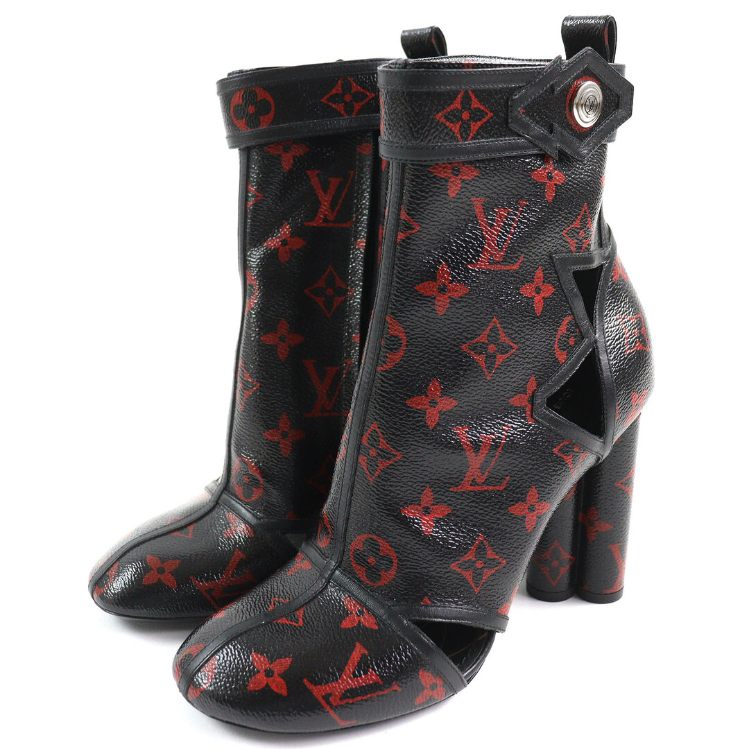 LOUIS VUITTON - 美品△LOUIS VUITTON ルイヴィトン モノグラムルージュ フラワーヒール レザー アンクルブーツ ショートブーツ ブラック レッド 37 イタリア製 レディース