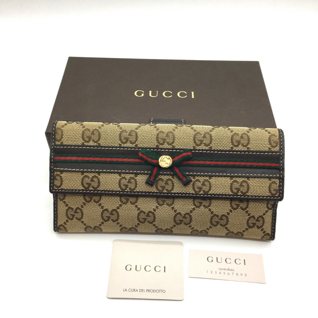 GUCCI - ◎◎GUCCI グッチ  GGキャンバス 2つ折 長財布 Wホック  リボン レザー キャンバス  256933 2067