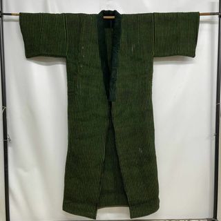 昭和レトロ ウール丹前 どてら 半纏 防寒 室内着 はんてん ストライプ 緑 グ(着物)