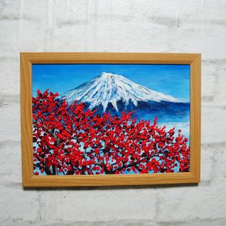 油絵 油彩 油彩画 絵 絵画【富士山と梅の花】(絵画/タペストリー)