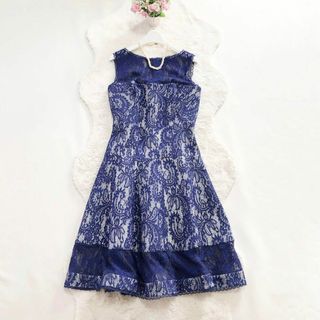タダシショージ*膝丈総レースドレス　ワンピース　フレア　ブルー　S(ひざ丈ワンピース)