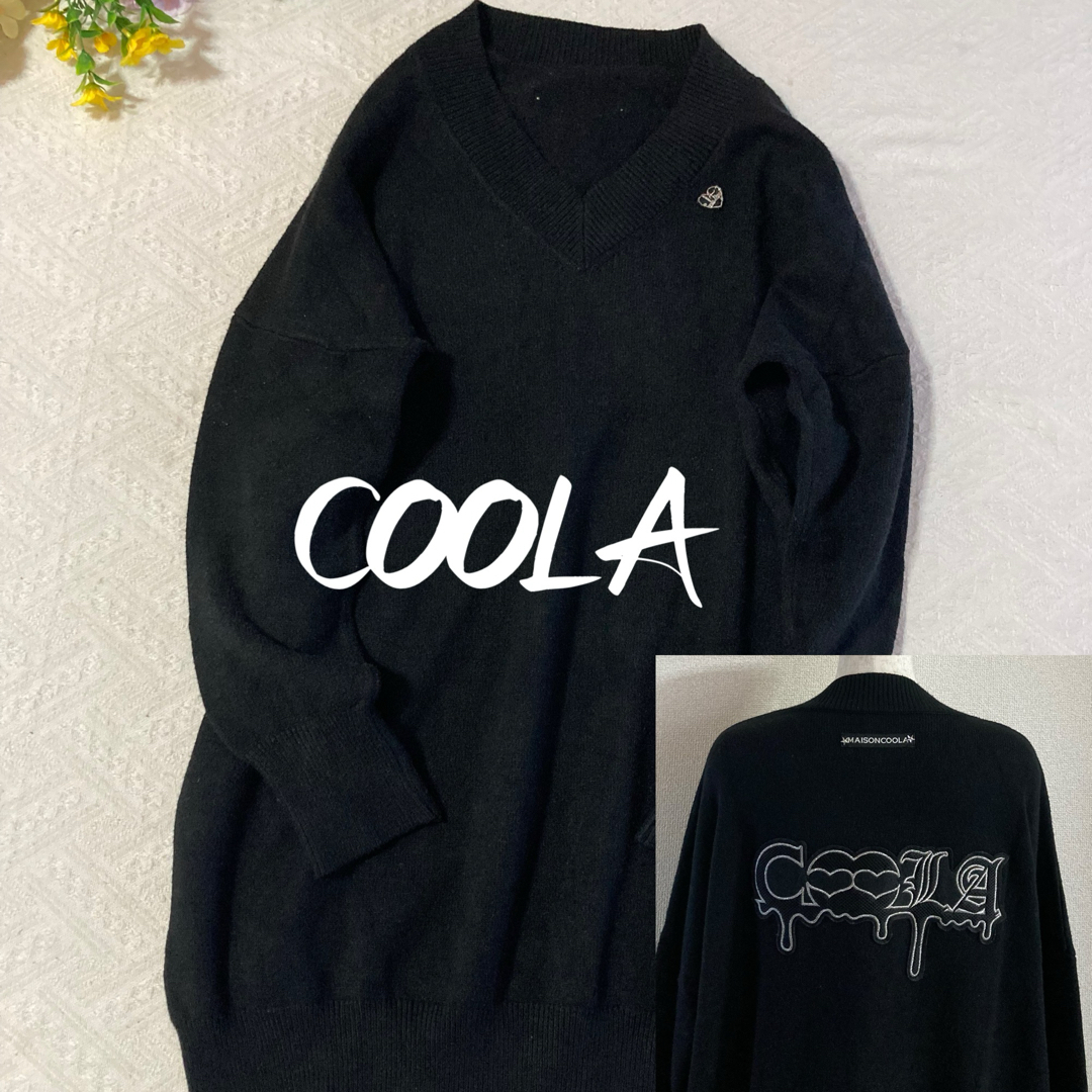 美品COOLA クーラパッチVネックルーズシルエットチュニックトレーナー黒刺繍