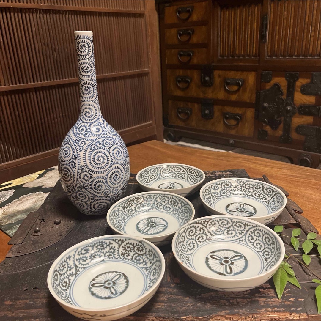 A914 古伊万里 染付 蛸唐草紋様 膾皿 5枚 A914 古伊万里 染付 蛸唐草紋様 膾皿 5枚