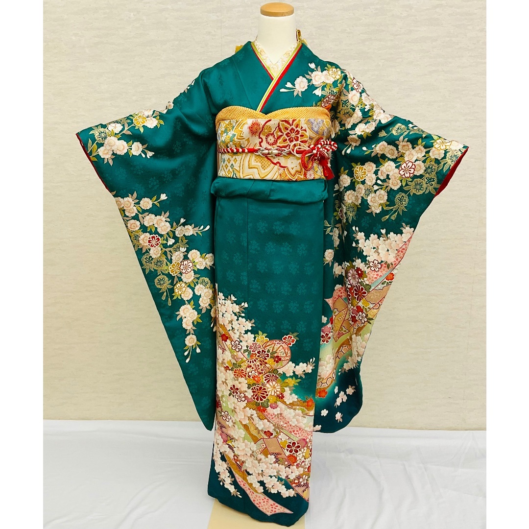 振袖　振袖フルセット　グリーン系　緑　熨斗柄　鞠　桜　正絹