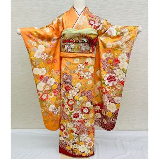 振袖　振袖フルセット　オレンジ系　牡丹　菊　正絹(振袖)