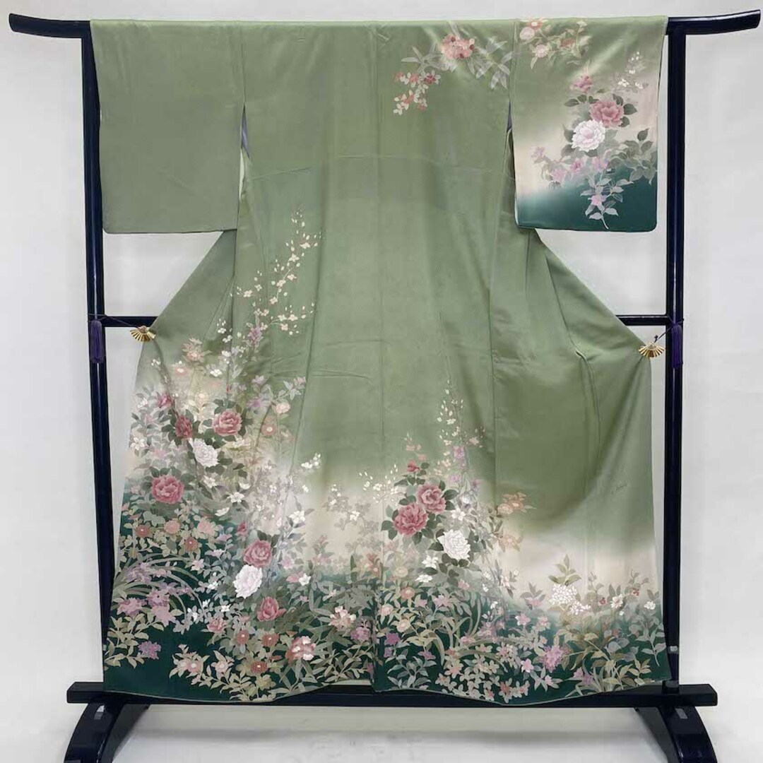 訪問着 花柄 緑 黄緑 クリーム 裄64cm 身丈158cm 結婚式 着物 入学 訪問着 花柄 緑 黄緑 クリーム 裄64cm 身丈158cm 結婚式 着物 入学