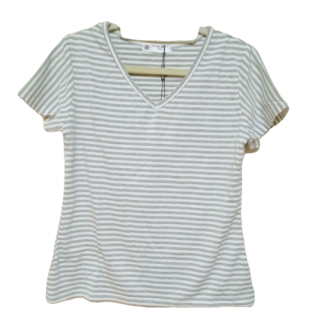 グレーとホワイトのストライプ Vネック半袖TシャツサイズXS レディースのトップス(Tシャツ(半袖/袖なし))の商品写真