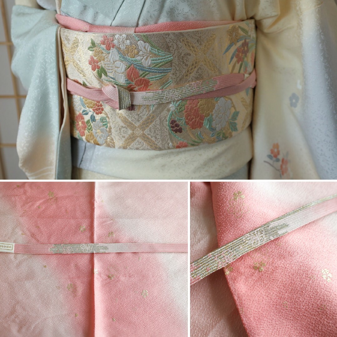 裄丈68cm 訪問着コーディネートセット 淡い水色とクリーム色 正絹 袷 裄丈68cm 訪問着コーディネートセット 淡い水色とクリーム色 正絹 袷