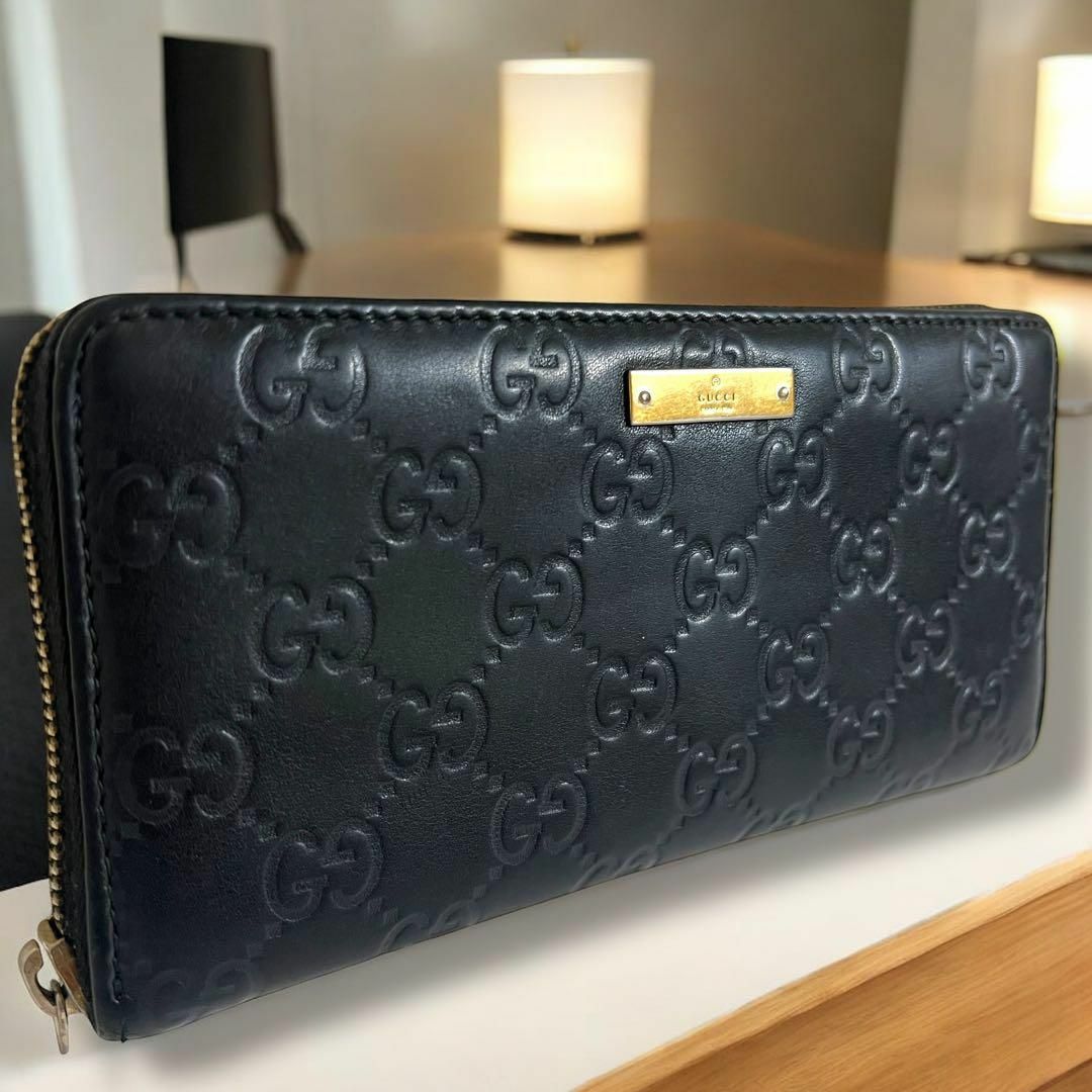 極美品】GUCCI ブラック 長財布 グッチシマ ラウンドファスナー 極美品】GUCCI ブラック 長財布 グッチシマ ラウンドファスナー