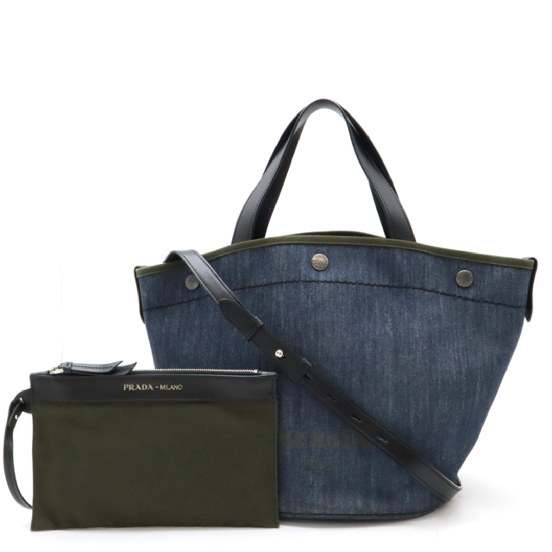 PRADA - PRADA プラダ トートバッグ 2WAY ショルダーバッグ 斜め掛け デニム レザー BLUE ブルー MIMETICO カーキ ポーチ付き 1BG244