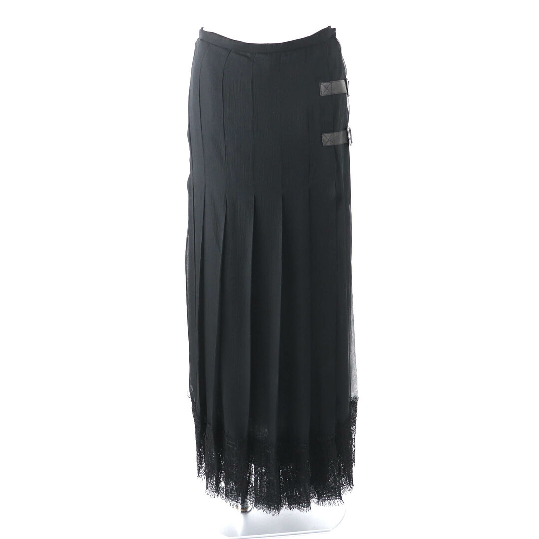 CHANEL - 美品★CHANEL シャネル P46380 シルク100% ベルトデザイン レース切り替え ロング丈 プリーツスカート ラップスカート ブラック 38 仏製 レディース