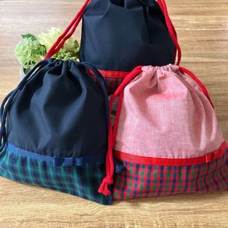 【リボン付き♡】チェック柄　給食袋3枚セット(外出用品)