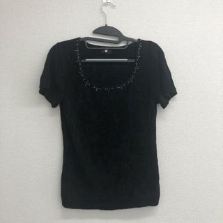 【東京スタイル】　黒系　M　カットソー　半袖Ｔシャツ　ビジュー　クルーネック　カジュアル(カットソー(長袖/七分))