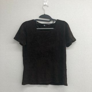 【東京スタイル】　茶色系　L　カットソー　半袖トップス　ビジュー　カジュアル　クルーネック(カットソー(長袖/七分))