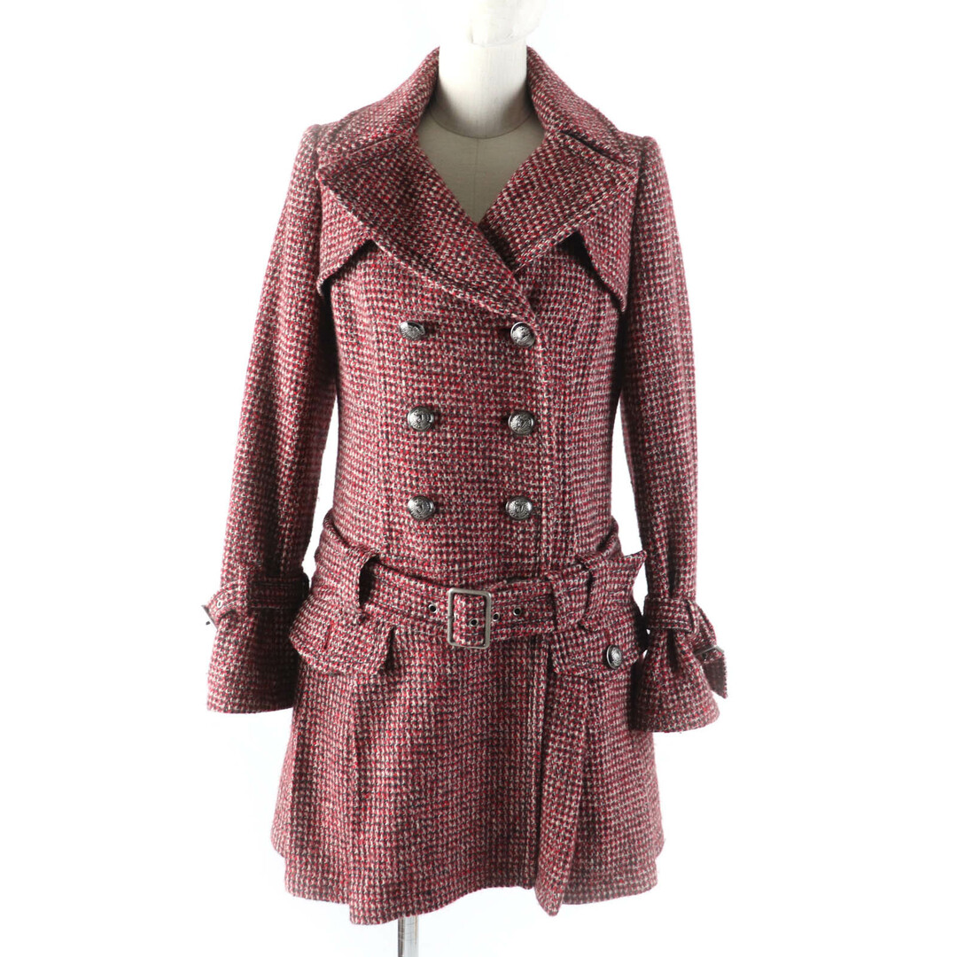 BURBERRY BLUE LABEL - 極美品★BURBERRY BLUE LABEL バーバリーブルーレーベル E1B07-493-15 ウール ロゴボタン・ベルト付 裾プリーツ ツイード コート マルチ 38 正規品 レディース