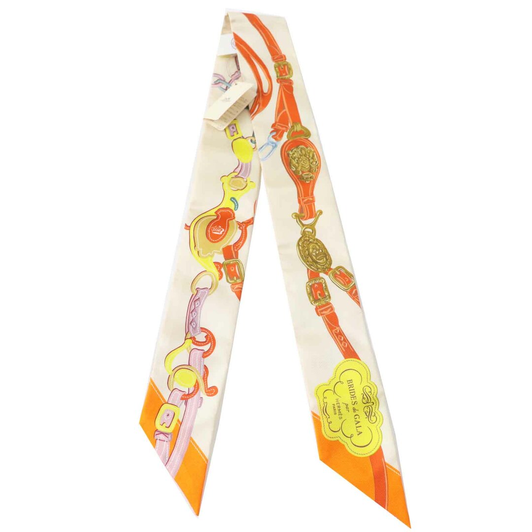 HERMES - 未使用品◎HERMES エルメス ツイリー BRIDES de GALA 式典用馬勒 シルク100％ APPLIQPL／CREME／ORANGE／JAUNE 2023年購入 スカーフ 箱付き フランス製 正規品 レディース