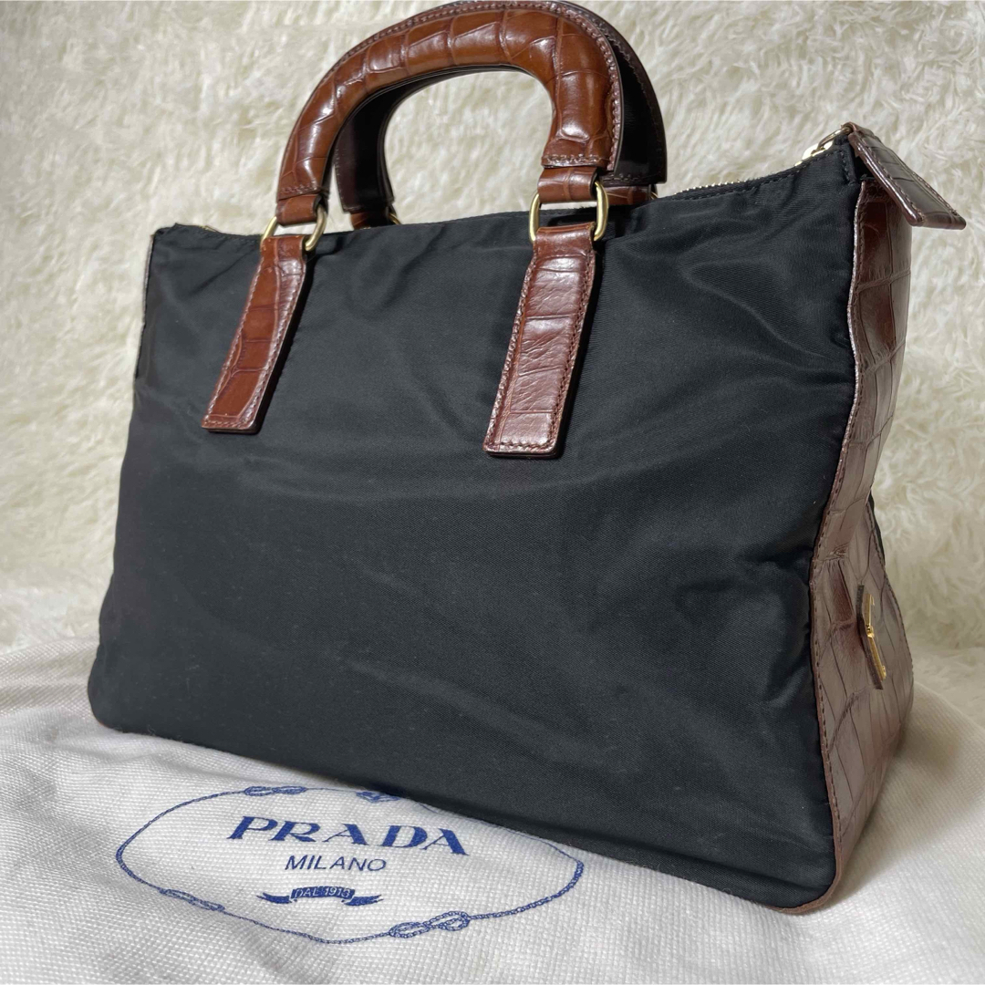 PRADA プラダ クロコ型押し ナイロン カーフ レザー ハンドバッグ PRADA プラダ クロコ型押し ナイロン カーフ レザー ハンドバッグ