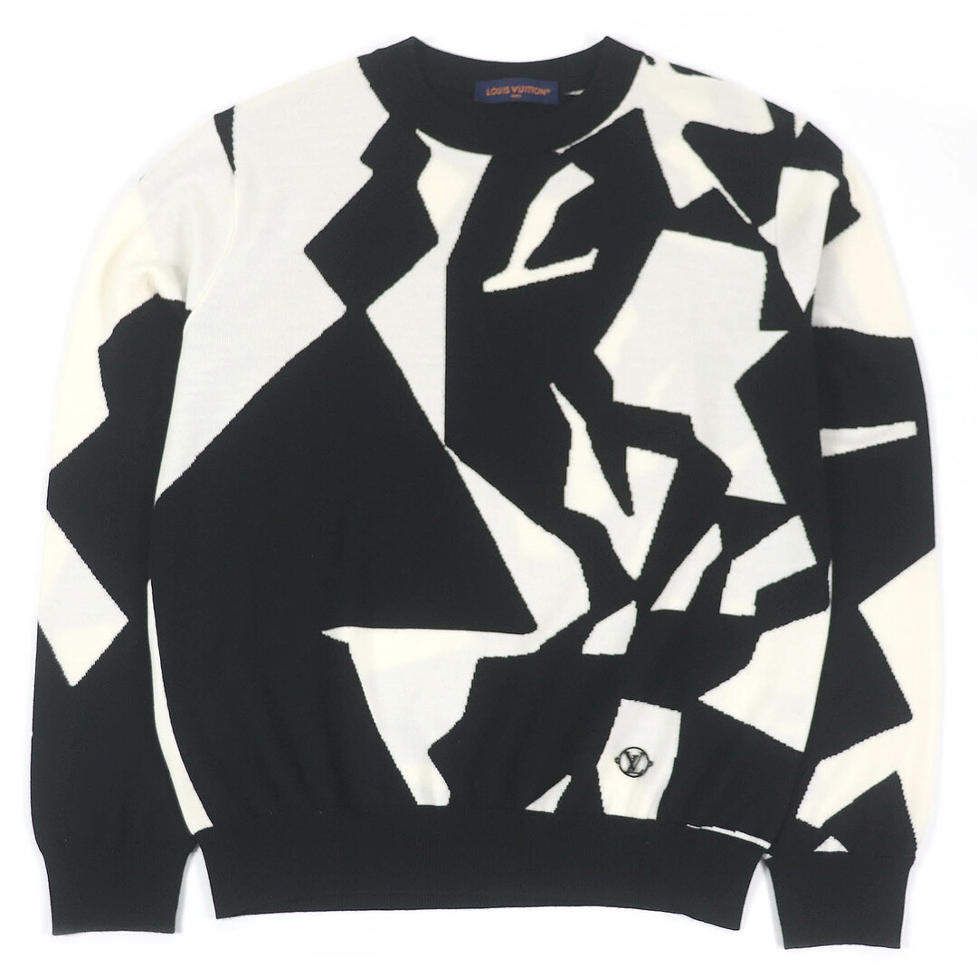LOUIS VUITTON - 極美品□LOUIS VUITTON ルイヴィトン 23SS 1AAU2Y ウール100% LV アブストラクト ハウンドトゥース LVロゴ金具 薄手 ニット セーター ホワイト ブラック L イタリア製 正規品 メンズ
