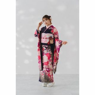 美品正絹 振袖10点フルセット【265】紫地 ピンク花々 【150cm 美品正絹 振袖10点フルセット【265】紫地 ピンク花々 【150cm