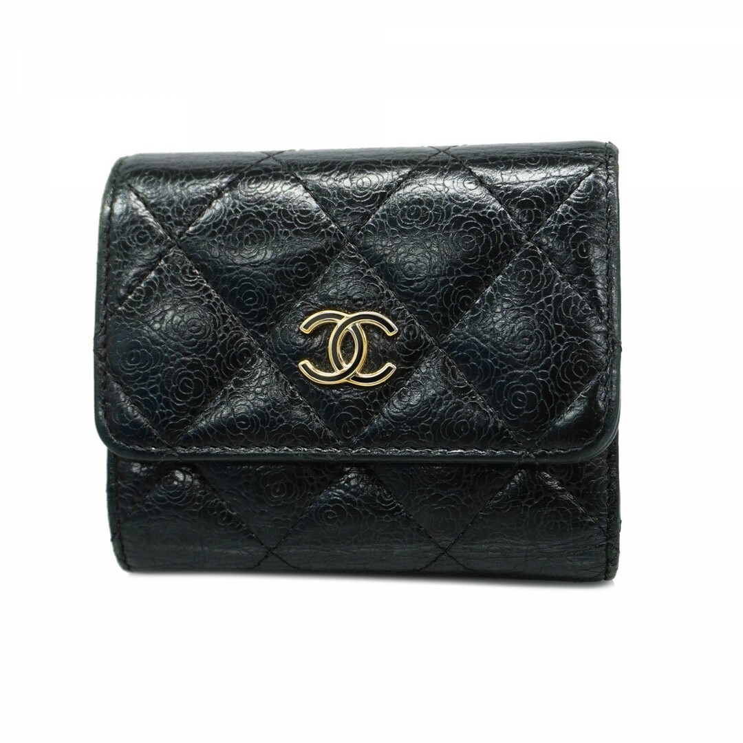 CHANEL - ★SALE【5ae5412】シャネル 三つ折り財布 カメリア ラムスキン ブラック シャンパンゴールド金具【中古】レディース