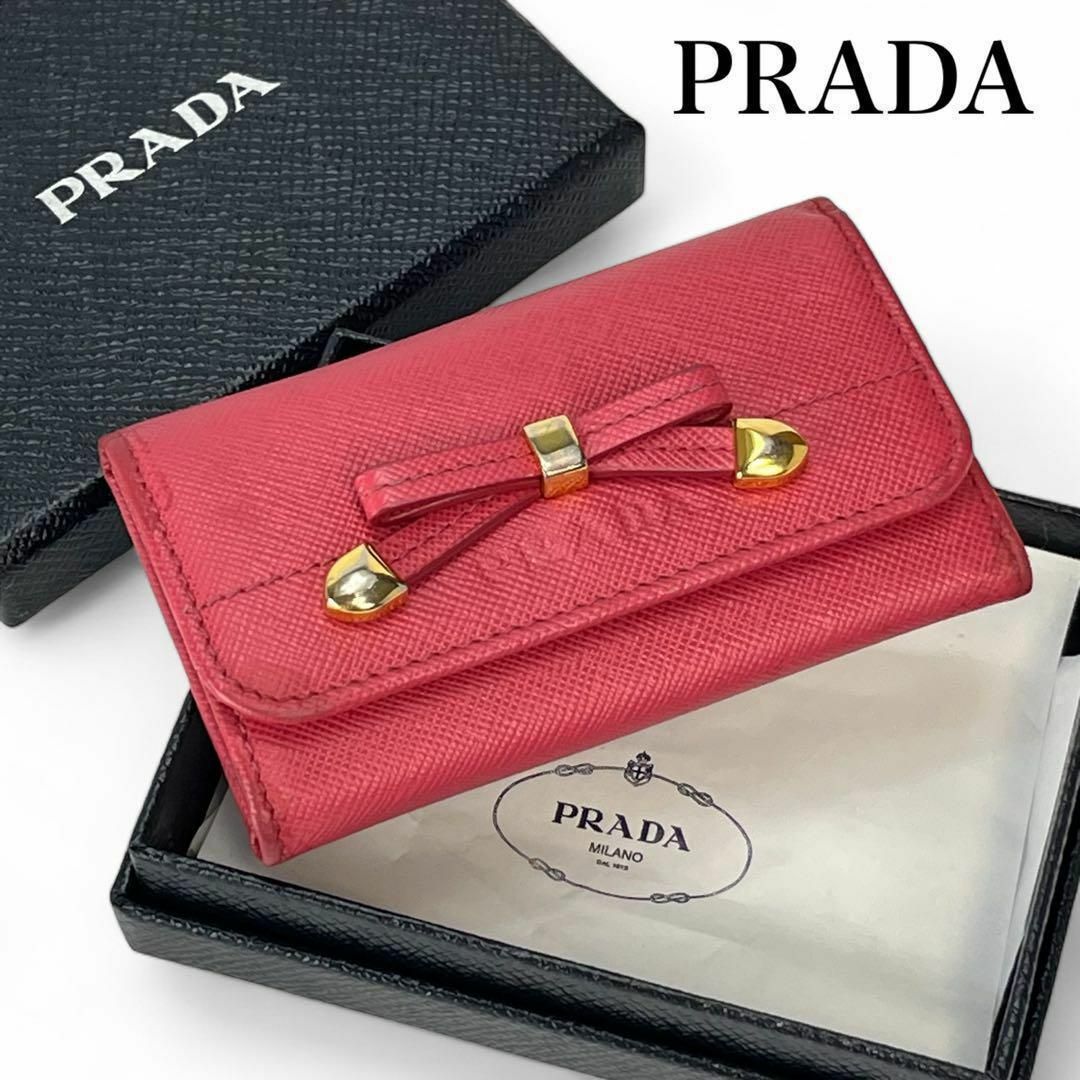 PRADA - 【美品】プラダ　キーケース　レザー　ピンク　リボン　ゴールド　財布