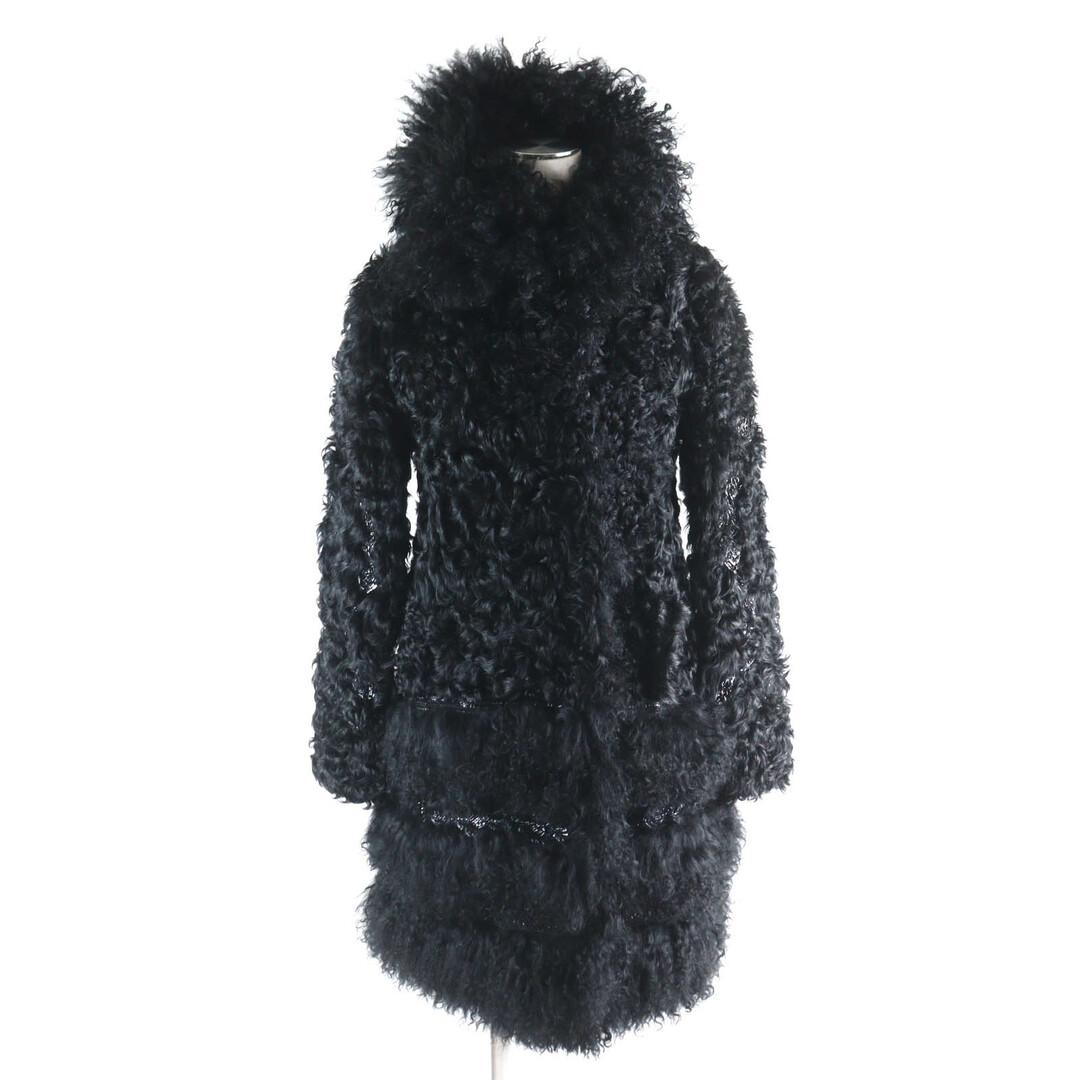 極美品★ERMANNO SCERVINO エルマンノシェルヴィーノ フード付 レザー使い ラムファー ロングコート ブラック 38 イタリア製 正規品 レディース