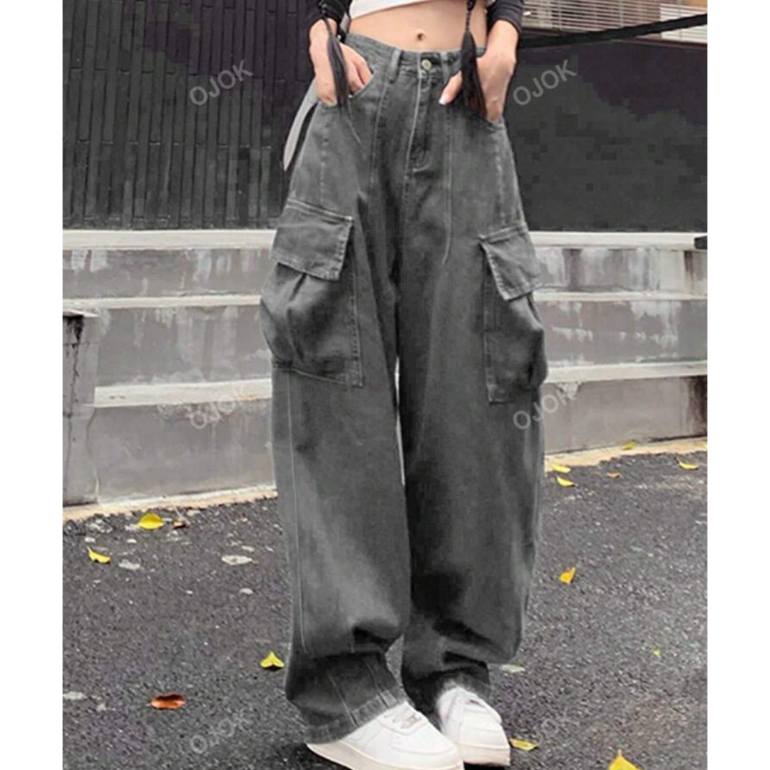 ハイウエスト デニム パンツ ジーパン ダークグレー ブラック レディースのパンツ(デニム/ジーンズ)の商品写真