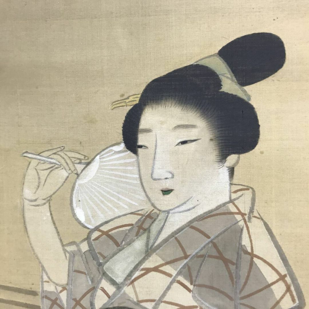 真作/青楓/夕涼み図/美人画句/俳句/美人図/掛軸☆宝船☆AH-520の 真作/青楓/夕涼み図/美人画句/俳句/美人図/掛軸☆宝船☆AH-520の