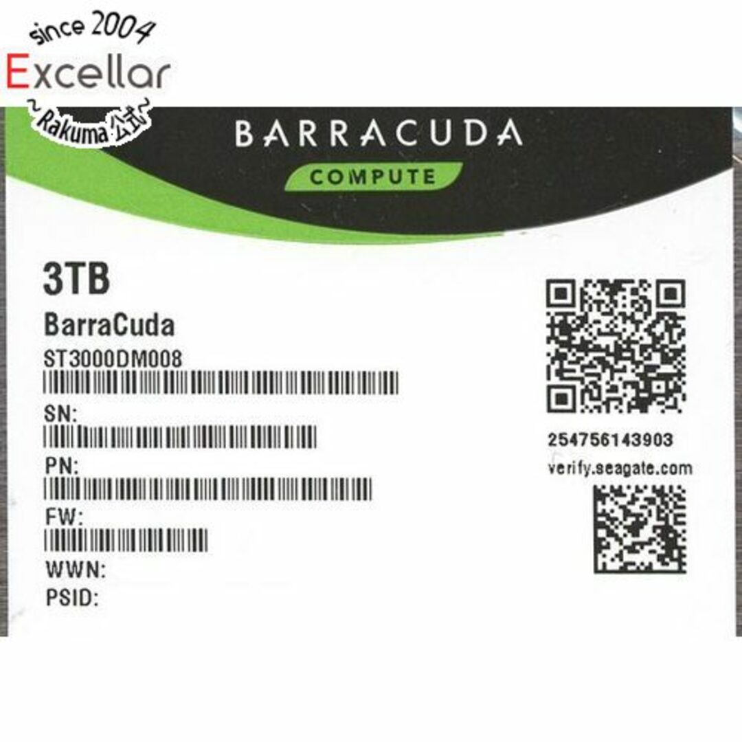 SEAGATE(シーゲイト)のSEAGATE製HDD ST3000DM008 3TB SATA600 7200 500~1000時間以内 スマホ/家電/カメラのPC/タブレット(PC周辺機器)の商品写真