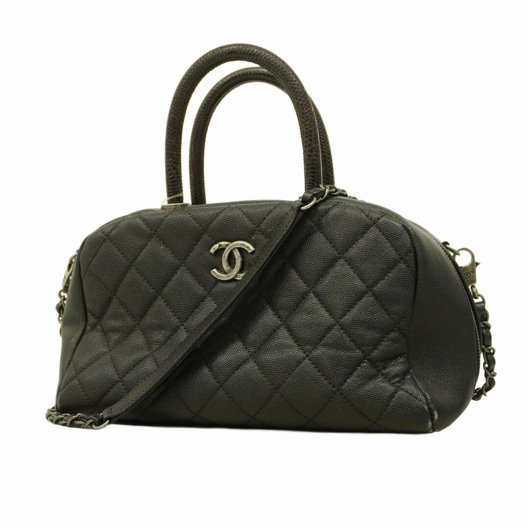 CHANEL - ★SALE【5ba0004】シャネル ハンドバッグ マトラッセ チェーンショルダー キャビアスキン リザード ブラック シルバー金具【中古】レディース