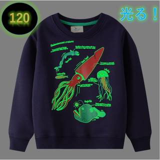 光る！蓄光トレーナー新品　ネイビー　120㎝　深海生物 イカ 長袖 キッズ 綿 (Tシャツ/カットソー)