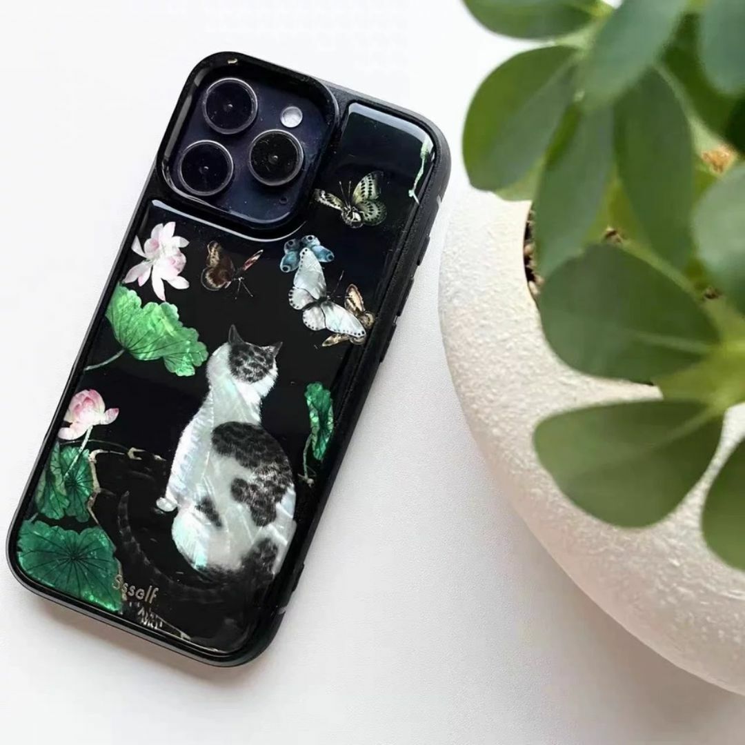 Anthropologie - ssself パールシェル 猫 蝶々柄 iPhone スマホケース ブラック