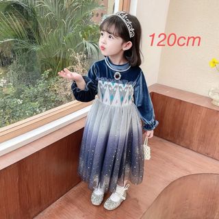 新品　子供プリンセスドレス　ベルベット生地　長袖　ネイビー　エルサドレス　120(ドレス/フォーマル)