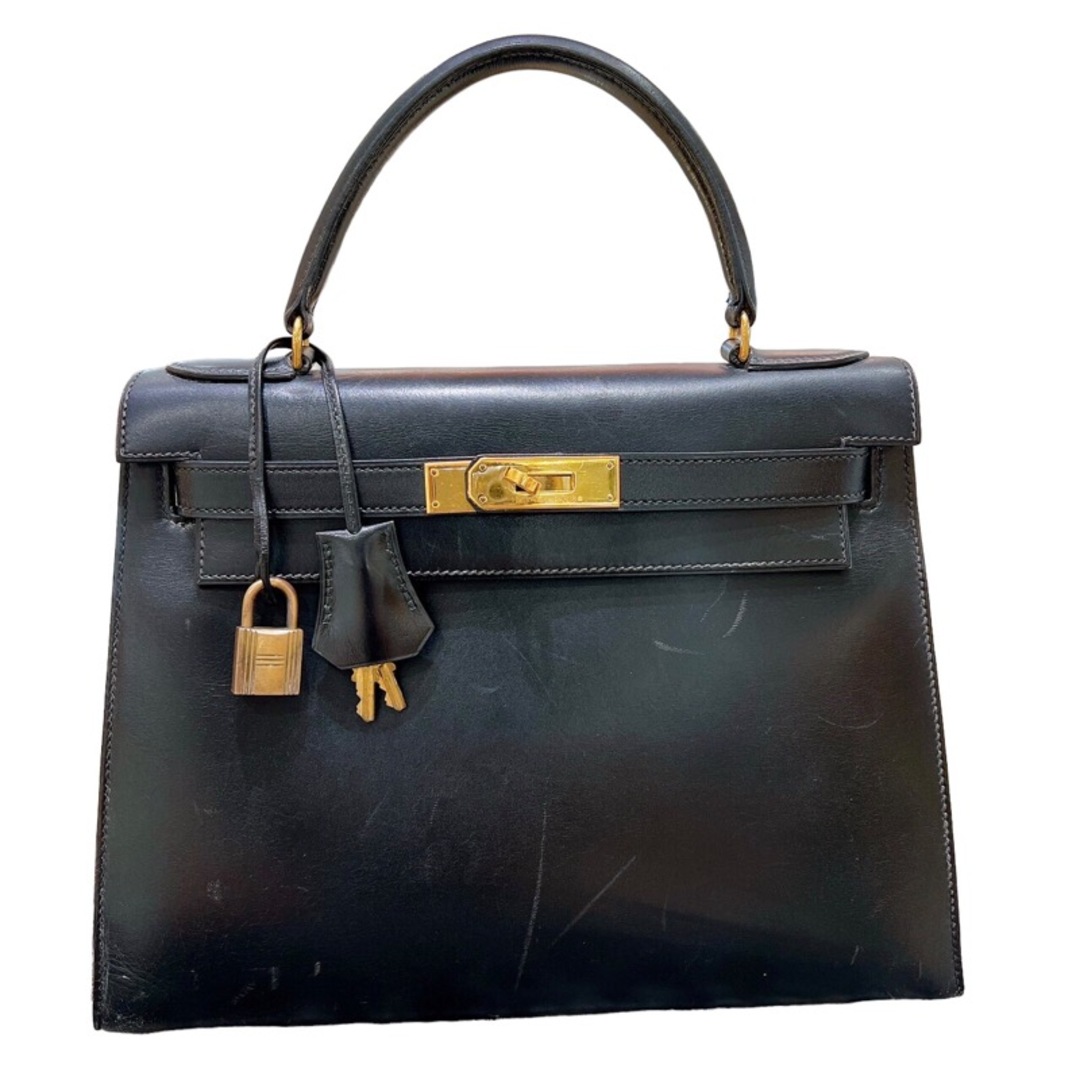 HERMES - 　エルメス HERMES ケリー28 外縫い 刻印無し ブラック/GD金具 ボックスカーフ レディース ハンドバッグ
