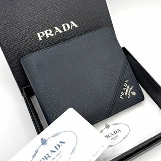 PRADA - プラダ 折財布 サフィアーノ 紺 ロゴ 保存箱 レザー PRADA - プラダ 折財布 サフィアーノ 紺 ロゴ 保存箱 レザー