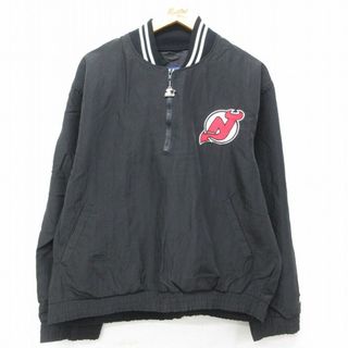 スターター(STARTER)のXL★古着 スターター STARTER 長袖 ハーフジップ ナイロン ジャケット メンズ 90年代 90s NHL ニュージャージーデビルズ 大きいサイズ USA製 黒 ブラック アイスホッケー 【spe】 25feb06 中古 アウター ウインドブレーカー(ダッフルコート)