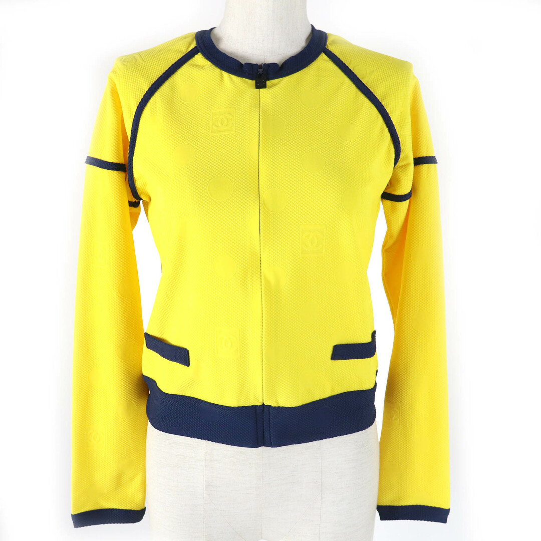 CHANEL - 極美品△CHANEL シャネル ヴィンテージ 08P P33377 スポーツライン ココマーク・ドット柄 ノーカラー ZIP UP ジャケット 希少 イエロー ネイビー 36 フランス製 レディース