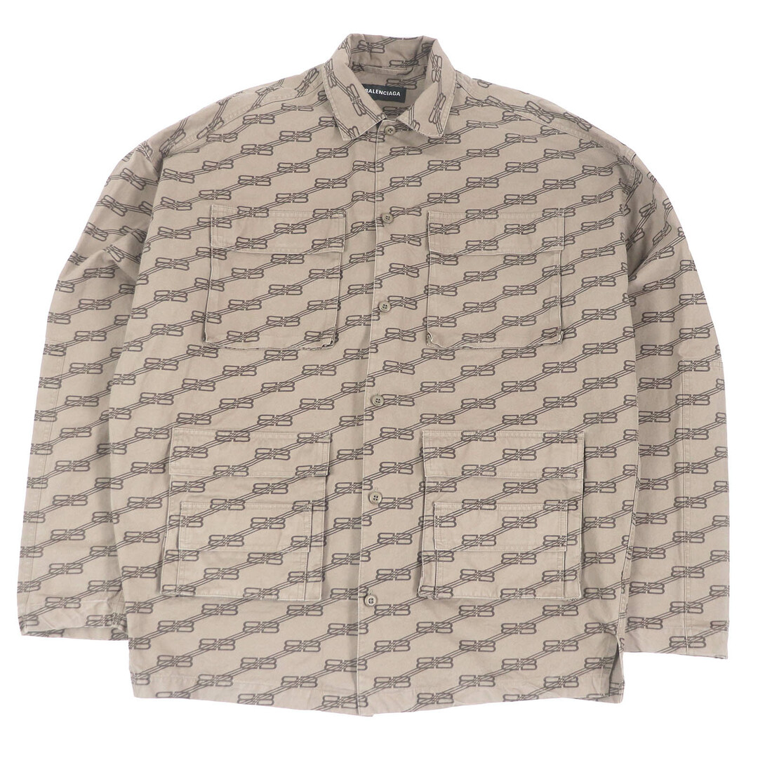 BALENCIAGA - 美品□BALENCIAGA バレンシアガ 2022年製 704390 コットン BBロゴモノグラム 総柄 ミリタリー カーゴシャツ カバーオール ブラウン系 37 ハンガー・ガーメント付き イタリア製 正規品 メンズ