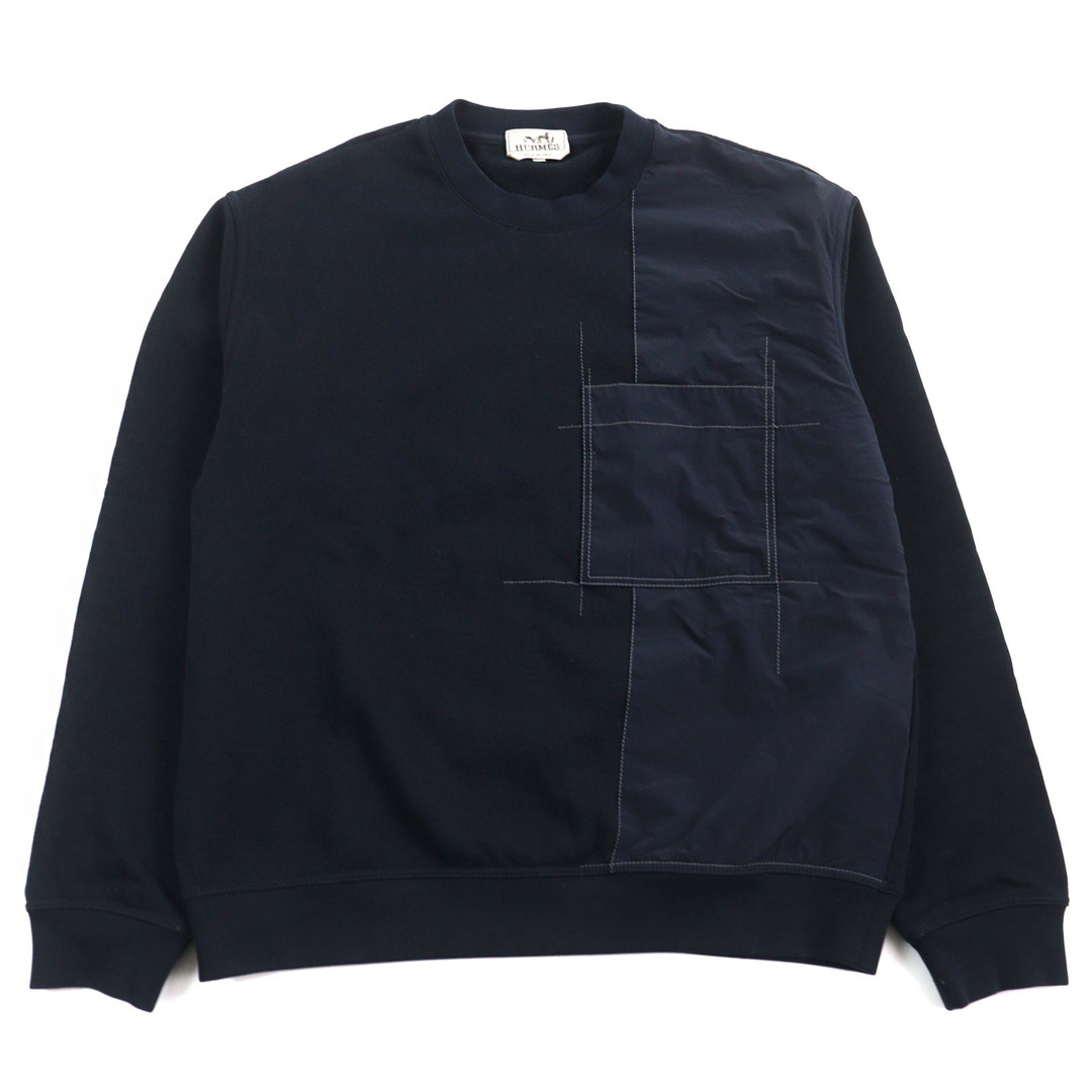 HERMES - 美品○HERMES エルメス 21AW コットン100% ナイロン切替 クルーネック スウェット トレーナー ネイビー XL イタリア製 正規品 メンズ
