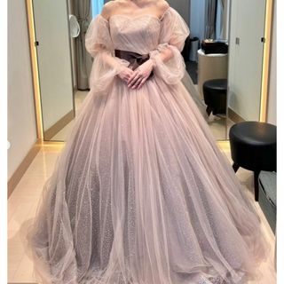 カラードレス ピンク紫 ベアトップ キラキラチュール シースルー袖 花嫁(ウェディングドレス)